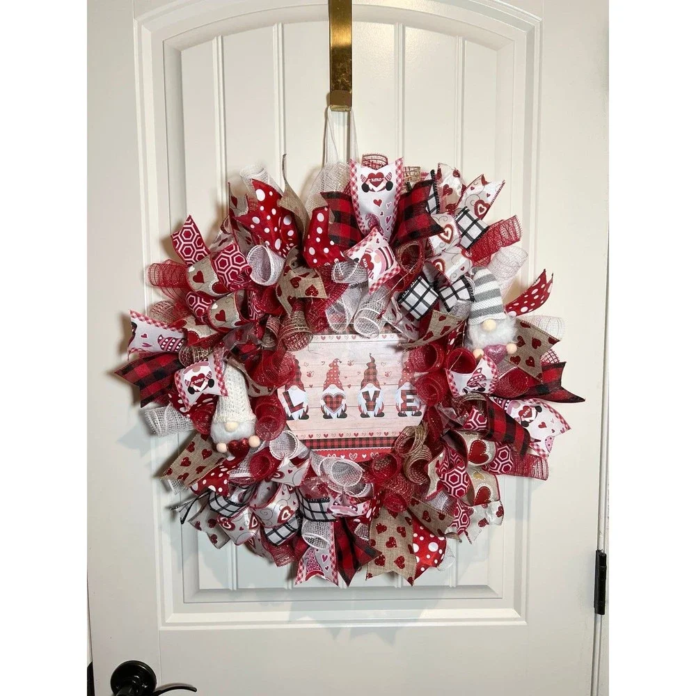 Handmade Valentine’s Gnome LOVE Ribbon Prelit Wreath 22 ins LED W11